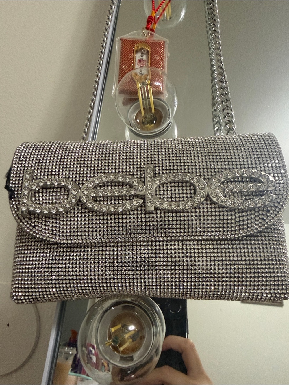 bebe Silver Crystal-Embellished Chain Clutch